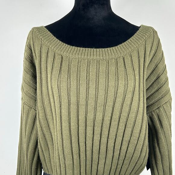 NWT Lulu's Boat Neck Cropped Sweater, Oversized, Off Shoulder Olive Green, Sz XS - Picture 1 of 8